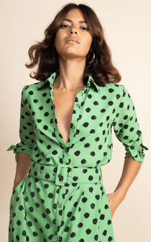 DANCING LEOPARD - Dove Dress Green Dotty - Designer Dress hire 