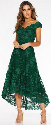 QUIZ - Green Embroidered High Low Dress - Designer Dress hire 