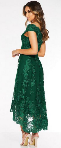 QUIZ - Green Embroidered High Low Dress - Designer Dress hire 