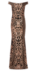 QUIZ - Black Rose Gold Bardot Dress - Designer Dress Hire