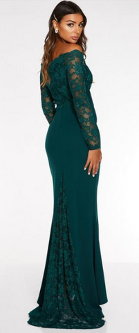 Green Bardot Lace Fishtail Gown Mermaid dress hire Girl Meets