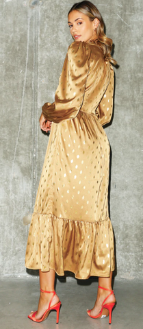 NEVER FULLY DRESSED - Gold Fern Midi Dress - Designer Dress hire 