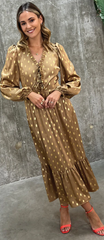 NEVER FULLY DRESSED - Gold Fern Midi Dress - Rent Designer Dresses at Girl Meets Dress