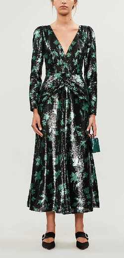 self portrait leaf sequin midi dress SELF-PORTRAIT LEAF-PRINT SEQUIN WOVEN MIDI DRESS IN BLACK GREEN Size XS