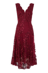 QUIZ - Berry Embroidered Dip Hem Dress - Designer Dress Hire