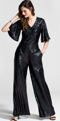 HOTSQUASH - Petrol Sequin Batwing Jumpsuit - Designer Dress Hire